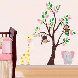 Adesivo De Parede Infantil Arvore Girafinha e Elefantinha