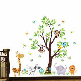 Adesivo De Parede Infantil Arvore Safári Baby Animais do Zoo